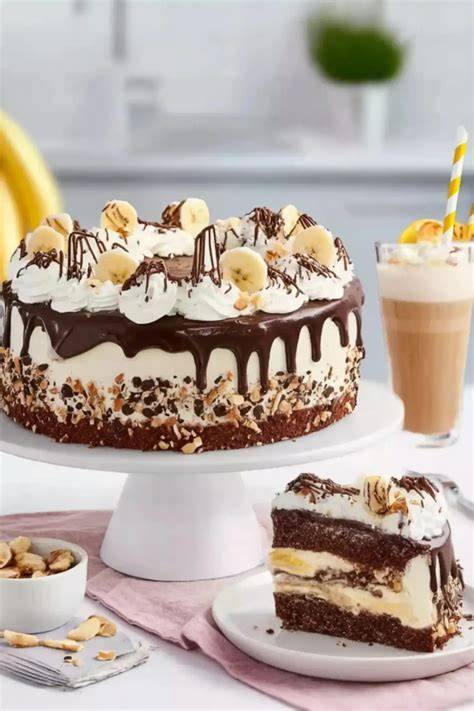 Serviervorschlag: Banana-Split-Torte mit Sahne, Schokoschicht und frischen Bananen
