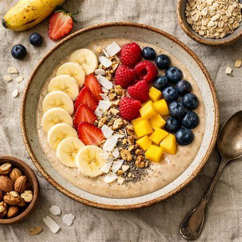 Serviervorschlag: Bananen-Quark-Waffeln mit frischem Obst, Ahornsirup und Nüssen