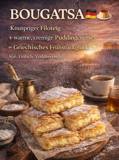 Serviervorschlag: Bougatsa mit Puderzucker und Zimt zu Kaffee