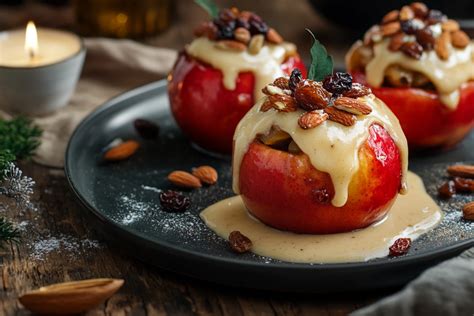 Serviervorschlag: Bratapfel mit Vanillesoße und Zimt bestreut