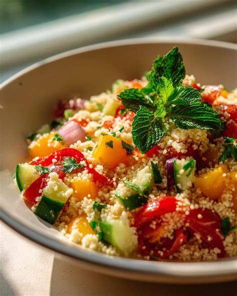 Serviervorschlag: Bunter Couscous-Salat mit Kräutern und Zitrone