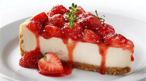 Serviervorschlag: Cheesecake-Slice mit Erdbeersauce und Minze, Dessertteller