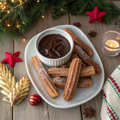 Serviervorschlag: Churros auf Teller mit Zimtzucker und Schokosauce