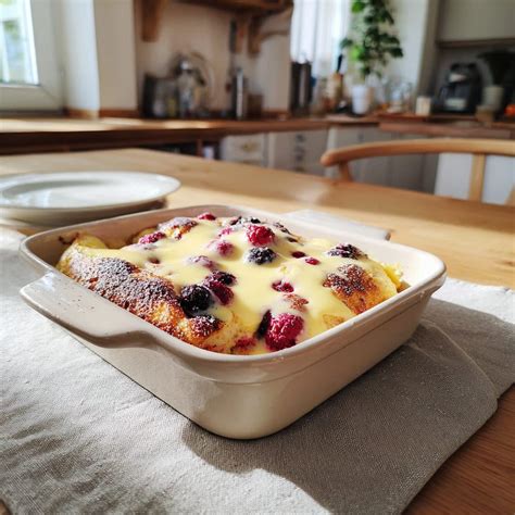 Serviervorschlag: Croissant-Auflauf mit Beeren und Vanillesauce