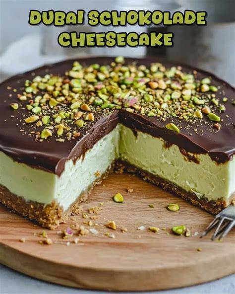 Serviervorschlag: Dubai Schokolade Cheesecake mit Pistazien