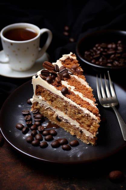 Serviervorschlag: Ein Stück Daim Torte neben einer Tasse Kaffee