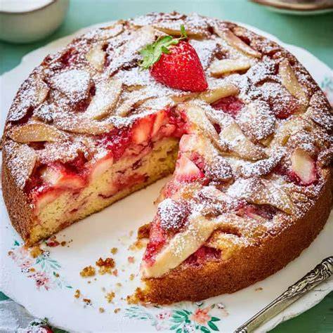 Serviervorschlag: Erdbeer-Rhabarber-Kuchen mit Schlagsahne