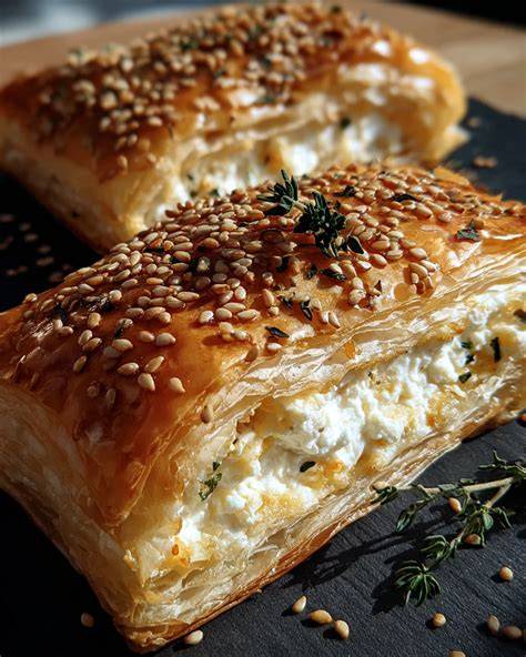 Serviervorschlag: Feta im Blätterteig mit Honig und Sesam, daneben grüner Salat