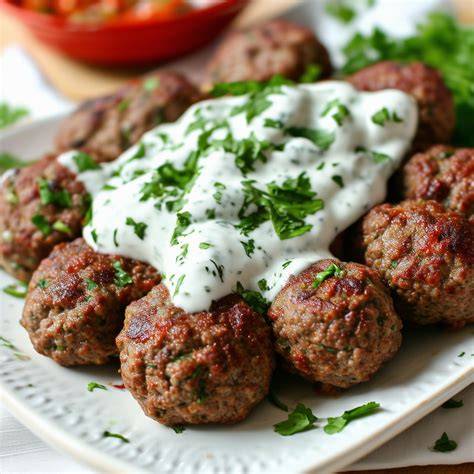 Serviervorschlag: Hackbratenwürfel mit Joghurtsoße und Kräutern
