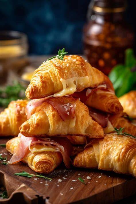 Serviervorschlag: Herzhafte Croissants mit Schinken, Ziegenkäse, Pesto, Salami und Brie