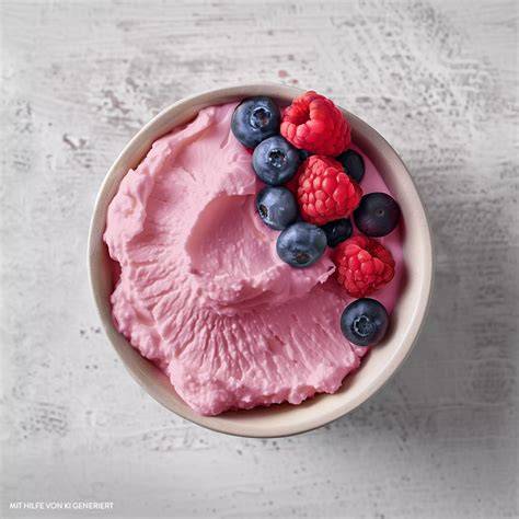 Serviervorschlag: Himbeer-Frozen-Joghurt mit Minze und frischen Beeren