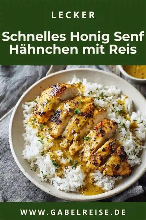 Serviervorschlag: Honig-Senf-Hähnchen mit Reis auf Teller