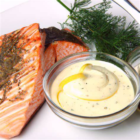 Serviervorschlag: Honig-Senf-Sauce neben gegrilltem Lachs und Dill