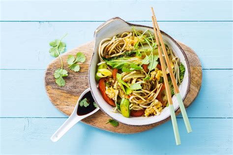 Serviervorschlag: Honig-Teriyaki-Hähnchenschenkel mit Mie-Nudeln und Pak Choi