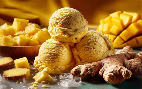 Serviervorschlag: Ingwer-Eis mit kandiertem Ingwer und Mango