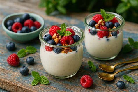 Serviervorschlag: Joghurt mit Honig, Zimt, Minze und Mandeln im Glas
