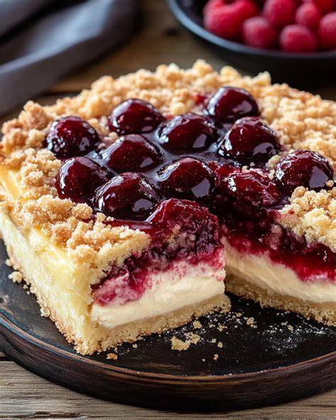 Serviervorschlag: Kirsch-Schmand-Torte mit Sahnetupfen und frischen Kirschen