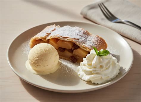 Serviervorschlag: Lauwarmer Kirsch-Apfel-Kuchen mit Vanilleeis und Sahne