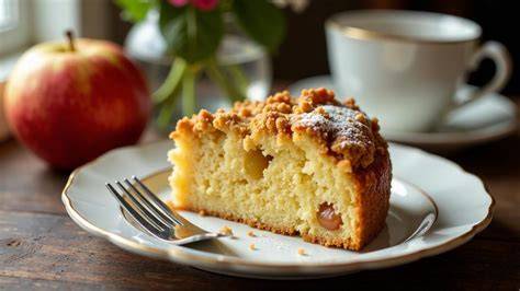 Serviervorschlag: Lauwarmer Streuselkuchen mit Puderzucker und Kaffee