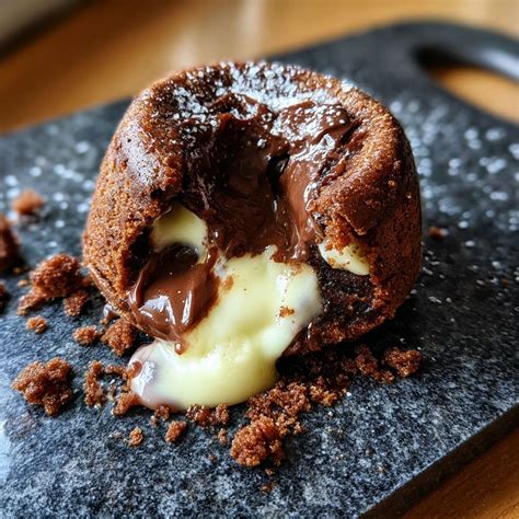 Serviervorschlag: Lava Cake mit weißer Schokolade, Vanillesauce und Beerenpüree
