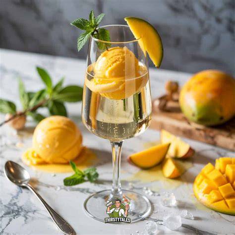 Serviervorschlag: Mango Sorbet mit Sekt und Minze