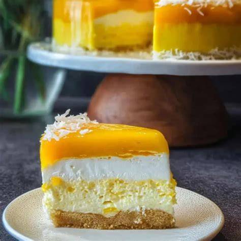 Serviervorschlag: Mango-Torte mit Mangospiegel und frischen Mangowürfeln