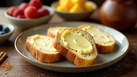 Serviervorschlag: Mirabellen-Apfel-Marmelade auf frischem Brot mit Butter