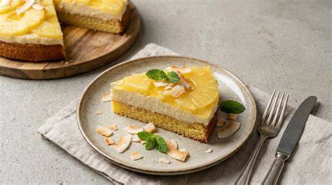Serviervorschlag: No-Bake Ananas-Kokos-Torte auf Tortenplatte mit Ananasscheiben und Kokosraspeln