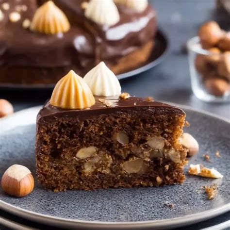 Serviervorschlag: Nuss-Nougat-Kuchen auf einer Tortenplatte mit Kaffeetassen