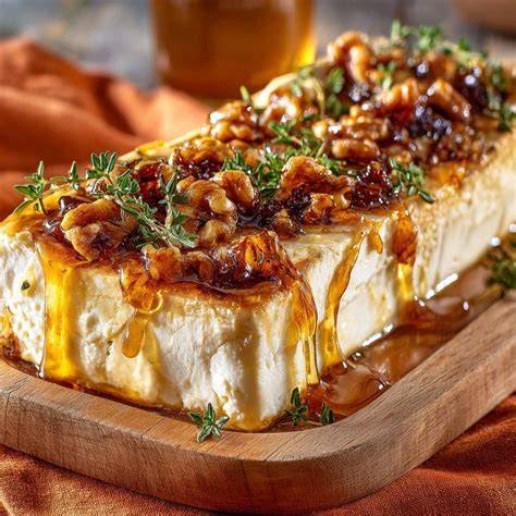 Serviervorschlag: Ofenkäse mit Walnüssen, Pistazien, Thymian, Chili und Honig