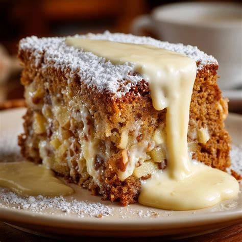 Serviervorschlag: Ofenwarmer Apfel-Walnuss-Kuchen mit Vanillesauce und Kaffee