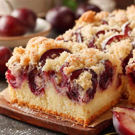 Serviervorschlag: Pflaumenblechkuchen lauwarm mit Sahne oder Vanilleeis