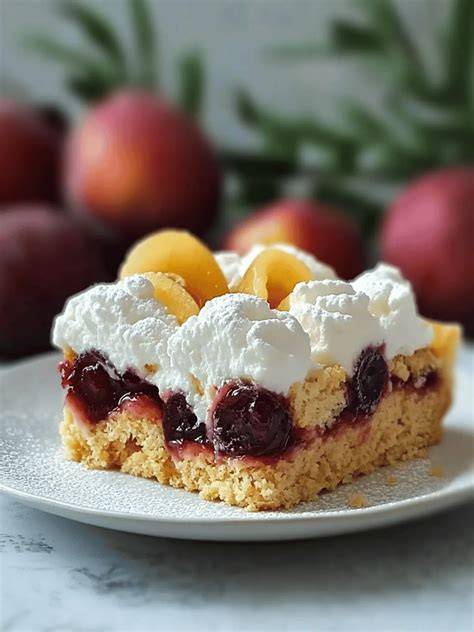 Serviervorschlag: Pflaumenkuchen-Stücke mit Baiser und Streusel, Sahne daneben