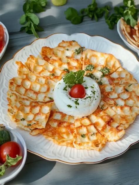 Serviervorschlag: Pizzawaffeln mit Rucola, Antipasti und Dip
