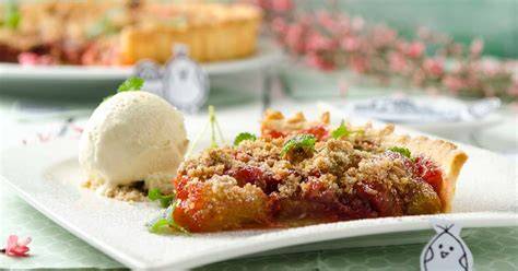 Serviervorschlag: Rhabarberkuchen-Stück mit Vanilleeis und frischem Rhabarber