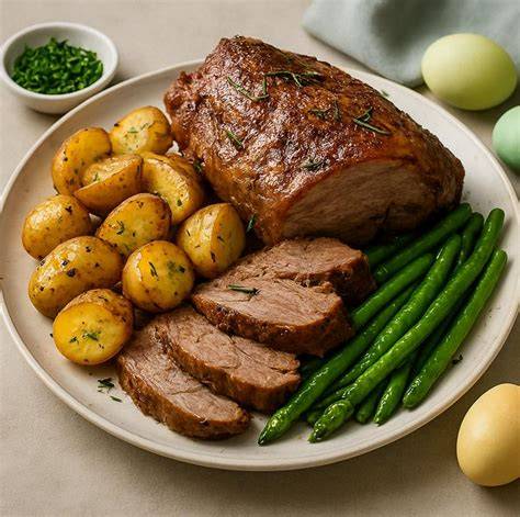 Serviervorschlag: Roastbeef-Scheiben mit Rosmarinkartoffeln, grünen Bohnen und Meerrettich