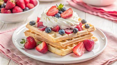 Serviervorschlag: Saure Sahne Waffeln mit Beeren und Puderzucker auf einen Teller angerichtet