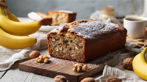 Serviervorschlag: Scheiben Bananen-Walnuss-Kuchen mit einer Tasse Hafermilch