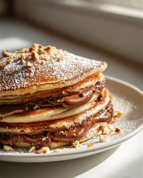 Serviervorschlag: Schoko-Croissant, Pfannkuchen mit Aufstrich, Frühstücksszene