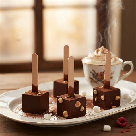 Serviervorschlag: Schokoladenwürfel schmelzen in heißer Milch mit Marshmallows