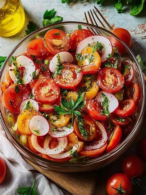 Serviervorschlag: Spinat-Biskuitrolle mit Tomatensalat und Kräutern
