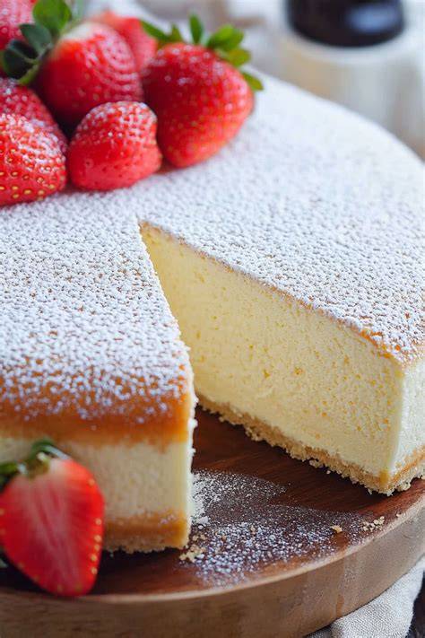 Serviervorschlag: Stück Käsekuchen mit Puderzucker und Erdbeeren, Zitronenzesten