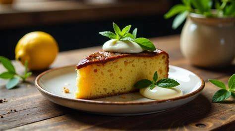 Serviervorschlag: Stück Limettenkuchen mit Limettenabrieb und Zitronenmelisse auf Teller