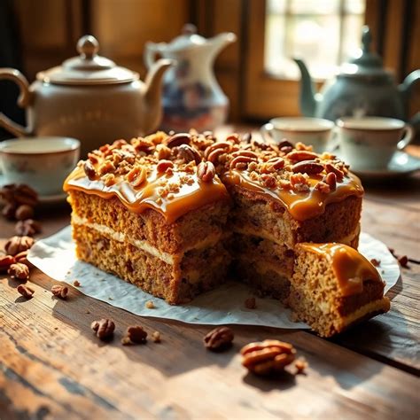 Serviervorschlag: Stück Nusskuchen mit Karamell auf Teller