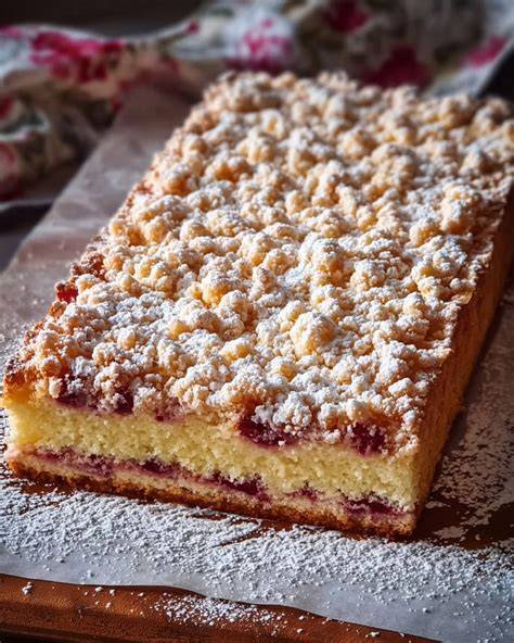 Serviervorschlag: Stück Ratz Fatz Kuchen mit Puderzucker und Beeren