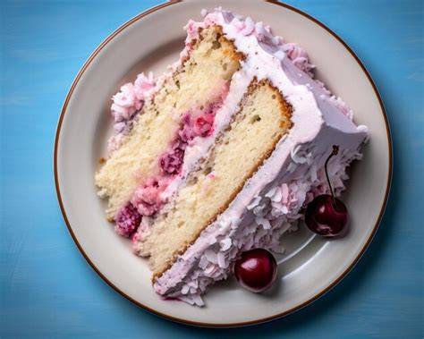 Serviervorschlag: Stück Sägespänekuchen mit Kirschen und Beeren auf Teller