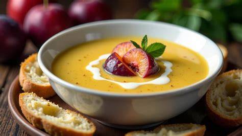 Serviervorschlag: Suppe in Schale mit Löffel, Zimt und Mandeln