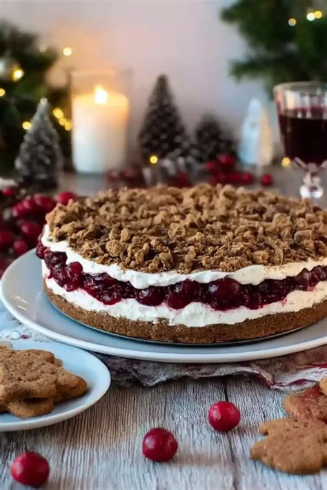 Serviervorschlag: Torte auf weihnachtlicher Etagere mit Spekulatiusdekor