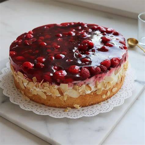 Serviervorschlag: Tortenplatte, frische Beeren, Minze, feiner Glanz auf der Himbeerschicht