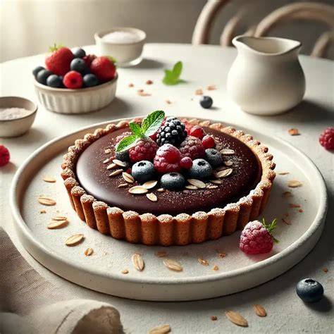 Serviervorschlag: Vegane Schokoladentarte mit Beeren und Vanilleeis